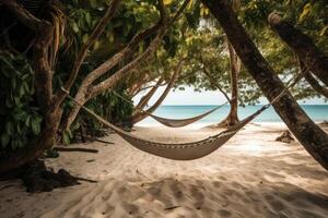 en hängmatta på en tropisk strand skapas med generativ ai teknologi. foto