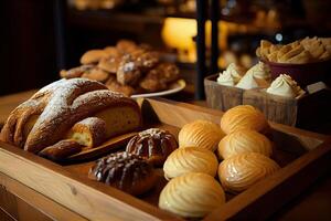 bageri interiör med visa räknare full av härlig bröd och bakverk. affär en konditori eller bageri med croissanter, äpple pajer, våfflor, och churros. nyligen bakad bakverk. generativ ai foto