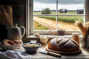 färsk bröd på de kök tabell i främre av en fönster med en landsbygden panorama, friska äter och traditionell bageri begrepp. genrativ ai foto