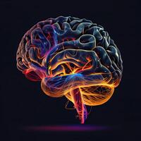 spektrum regnbåge Färg hjärna med 3d skuggning stil och trådmodell illustration isolerat på svart bakgrund. färgrik sida visningar hjärna illustration isolerat på svart bakgrund. generativ ai foto