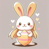 tecknad serie kanin innehav ett påsk ägg. Lycklig påsk hälsning kort vektor illustration. söt kanin innehav påsk ägg. generativ ai. foto