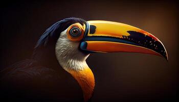 stänga upp på ett orange och gul räkningen toucan fågel, uppflugen på en tropisk träd gren. generativ ai foto