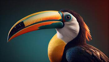 stänga upp på ett orange och gul räkningen toucan fågel, uppflugen på en tropisk träd gren. generativ ai foto