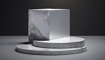 marmor produkt visa på svart bakgrund med modern bakgrunder studio. tömma piedestal eller podium plattform. generativ ai foto