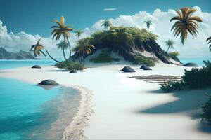 illustration tropisk paradis strand med vit sand och kokospalm palmer resa turism bred panorama bakgrund begrepp. generativ ai foto