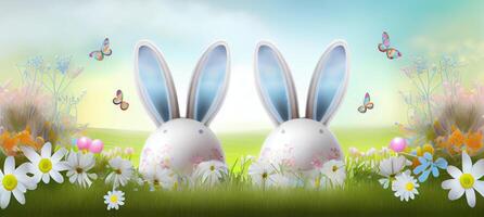 påsk kanin och påsk ägg på en äng. ai genererad foto