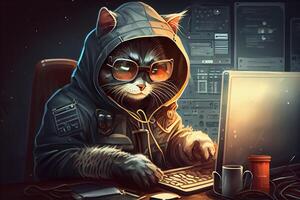 hacker katt arbetssätt jobb yrke illustration. ai genererad foto