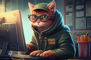 hacker katt arbetssätt jobb yrke illustration. ai genererad foto