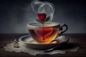 enda röd reste sig i en te kopp, med en te väska formad tycka om en hjärta flytande i de ångande te . ai genererad foto