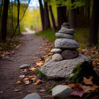 stenar staplade i de skog. stack av stenar formning apachetas med skog i de bakgrund. Plats för text. generativ ai. foto