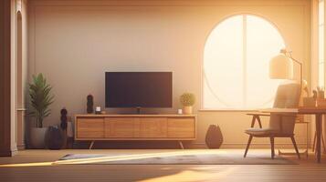 tömma levande rum med platt skärm TV och trä- skrivbord, i de stil av minimalistisk geometrisk, avrundad, ljus beige, naturinspirerad, provision för, minimalistisk set, illustration generativ ai foto