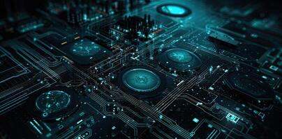modern teknologi cirkel bakgrund eller abstrakt bild, i de stil av rtx på, plan, kretsar, lins blossa, ljus Marin och himmelsblå, illustration generativ ai foto