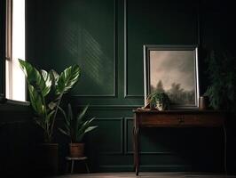 en grön vägg med blommor och växter Bakom en tom ram, i de stil av affisch, interiör scener, photobashing, miljömässigt inspirerad, hinchel eller, industriinspirerad, illustration generativ ai foto