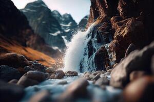 närbild se av ström vattenfall. vattenfall närbild bakgrund. vatten faller på de stenar i stänga upp. generativ ai. foto