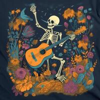 en skelett spelar gitarr t skjorta design bild generativ ai foto