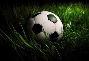 klassisk fotboll boll i en fotboll stadion på en grön gräsmatta - ai genererad bild foto
