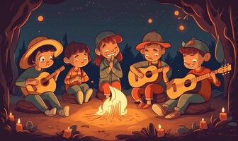 barn spelar gitarr på en läger brand, illustration design med generativ ai foto