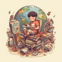 en barn sitter på jord läsning en bok bland många annorlunda föremål, tecknad serie med generativ ai foto