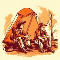 barn med en läger stol och tält, tecknad serie illustration med generativ ai foto