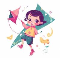 liten flicka löpning flygande drake, tecknad serie illustration med generativ ai foto