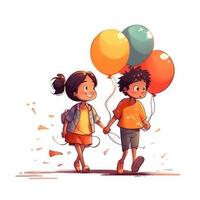 två barn innehav ballonger gående, tecknad serie illustration med generativ ai foto