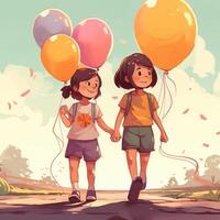 två barn innehav ballonger gående, tecknad serie illustration med generativ ai foto