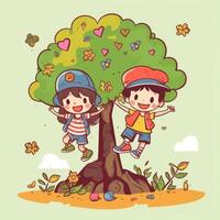 två barn spelar runt om de träd, tecknad serie illustration med generativ ai foto
