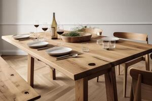 en middag tabell tillverkad av rustik ek trä skapas med generativ ai teknologi. foto