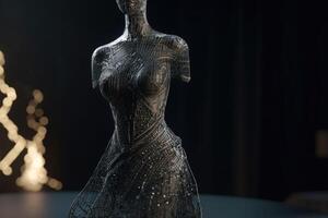 en ny design av ett elegant kväll klänning tillverkad endast av metall tråd skapas med generativ ai teknologi. foto
