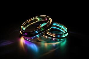 två bröllop ringar tillverkad av ljus och energi skapas med generativ ai teknologi. foto