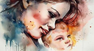 en vattenfärg teckning av en en mor och barn tillsammans, illustration med generativ ai foto