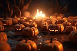 halloween läskigt bakgrund, skrämmande pumpor med rök i gammal stor kuslig spöken hus inuti stor tömma dimmig rum. kuslig oktober mörk rökig mystisk bakgrund begrepp. generativ ai. foto
