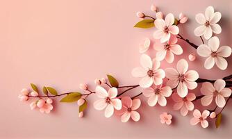 drömmande körsbär blommar som en naturlig gränsa till rosa bakgrund. körsbär blommor i små kluster på en körsbär träd gren på rosa bakgrund med copyspace. generativ ai foto