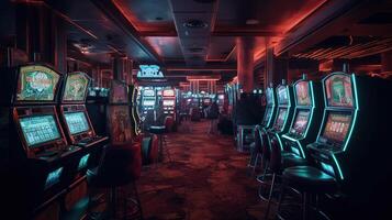 en slösa kasino interiör med riklig spår maskiner. generativ ai foto
