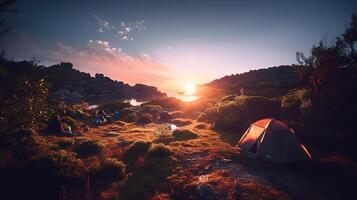 gryning i de vild camping på soluppgång. generativ ai foto