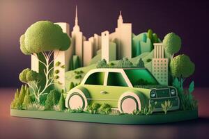 eco vänlig bil med stadsbild papper skära stil, förnybar och hållbar energi begrepp. generativ ai foto