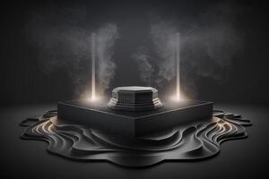 realistisk 3d podium med rök och mörk Färg för produkt visa. ai genererad foto