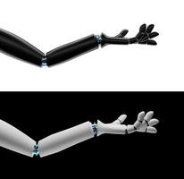 artificiell intelligens begrepp. robot hand 3d framställa, teknik, förbindelse mellan liv och maskin. foto