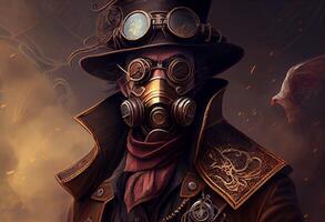 en man bär en steampunk hatt och en steampunk mask, fantasi konst, steampunk. generera ai foto