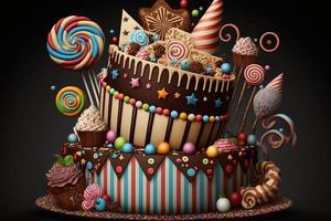 firande fest födelsedag kaka med massor av glasyr och dekorationer. generera ai foto
