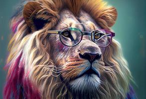 färgad lejon med recept glasögon, en fotorealistisk målning. generera ai foto