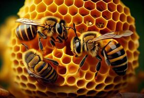 en grupp av bi på de vaxkaka producerar honung. generera ai. foto