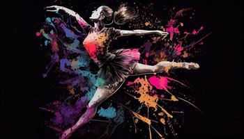 balett dansare stänk färgrik illustration, svart bakgrund med kopia Plats . generera ai. foto