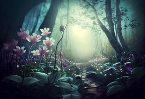 Foto fantasi landskap magisk skog bakgrund med stor blomma. generera ai