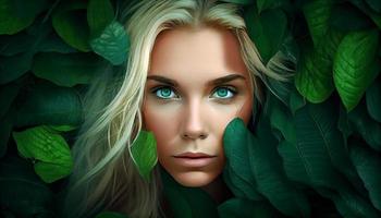 blond kvinnas ansikte den där visas i de mitten av lång grön löv . generera ai. foto
