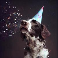 söt hund med en fest hatt fira henne födelsedag, konfetti faller. generera ai foto