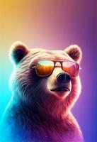 kreativ djur- sammansättning. Björn bär nyanser solglasögon monokel isolerat. pastell lutning bakgrund. med text kopia Plats. generera ai foto
