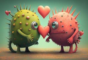söt kärlek monster illustrationer med hjärtan. generera ai foto