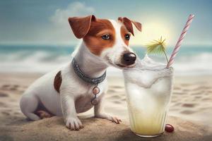 söt hund - domkraft russell terrier, njuter på de strand med en kokos dryck. generera ai foto