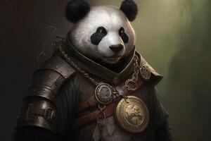 panda med en steampunk Kolla på snodd runt om hans nacke, skyddande en säker. generera ai foto